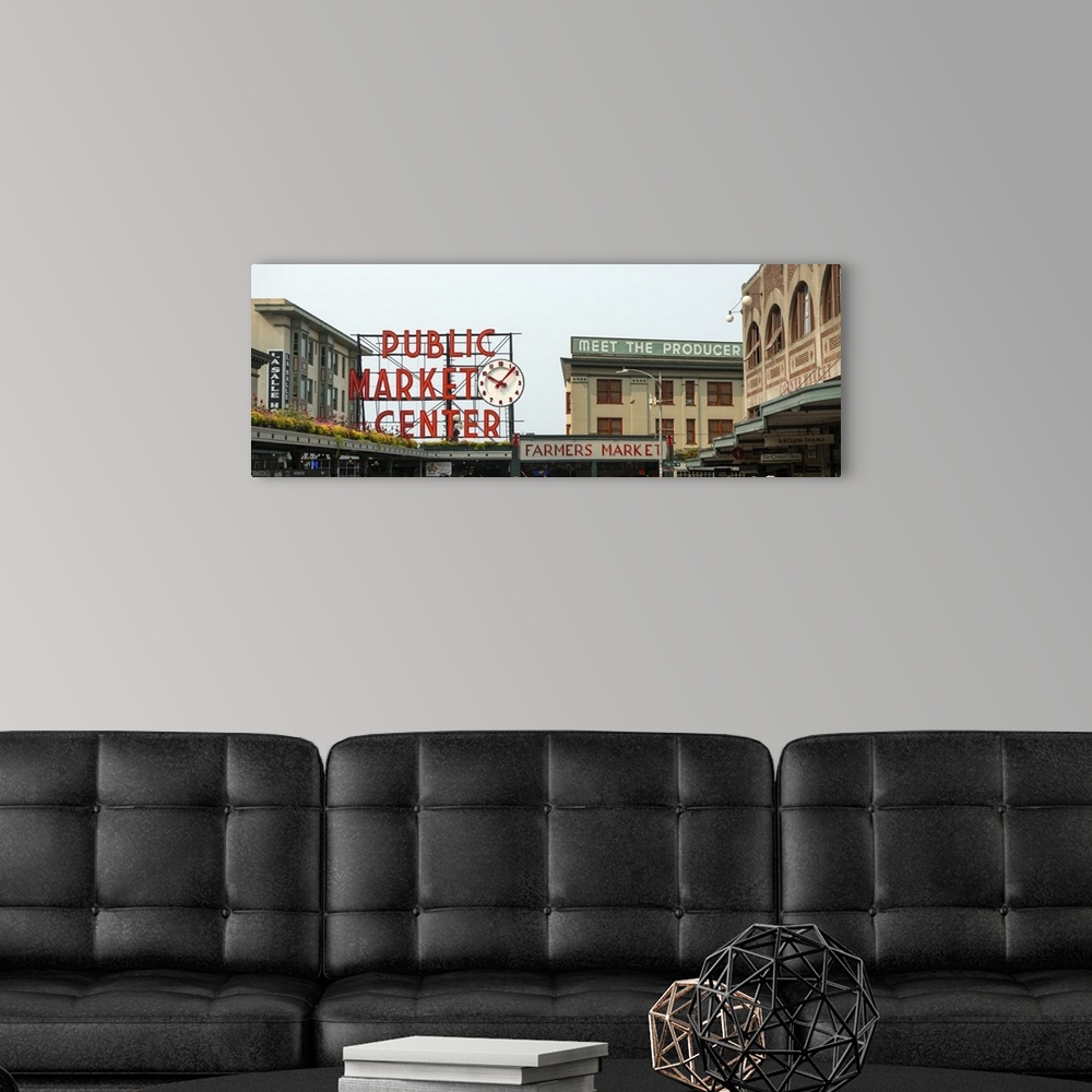 A modern room featuring Panoramic photograph of the downtown Farmers Market at Pike Place Market in Seattle, WA.