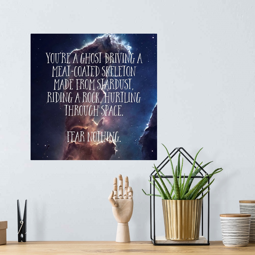A bohemian room featuring Humorous message about the life and existence, over a nebula.