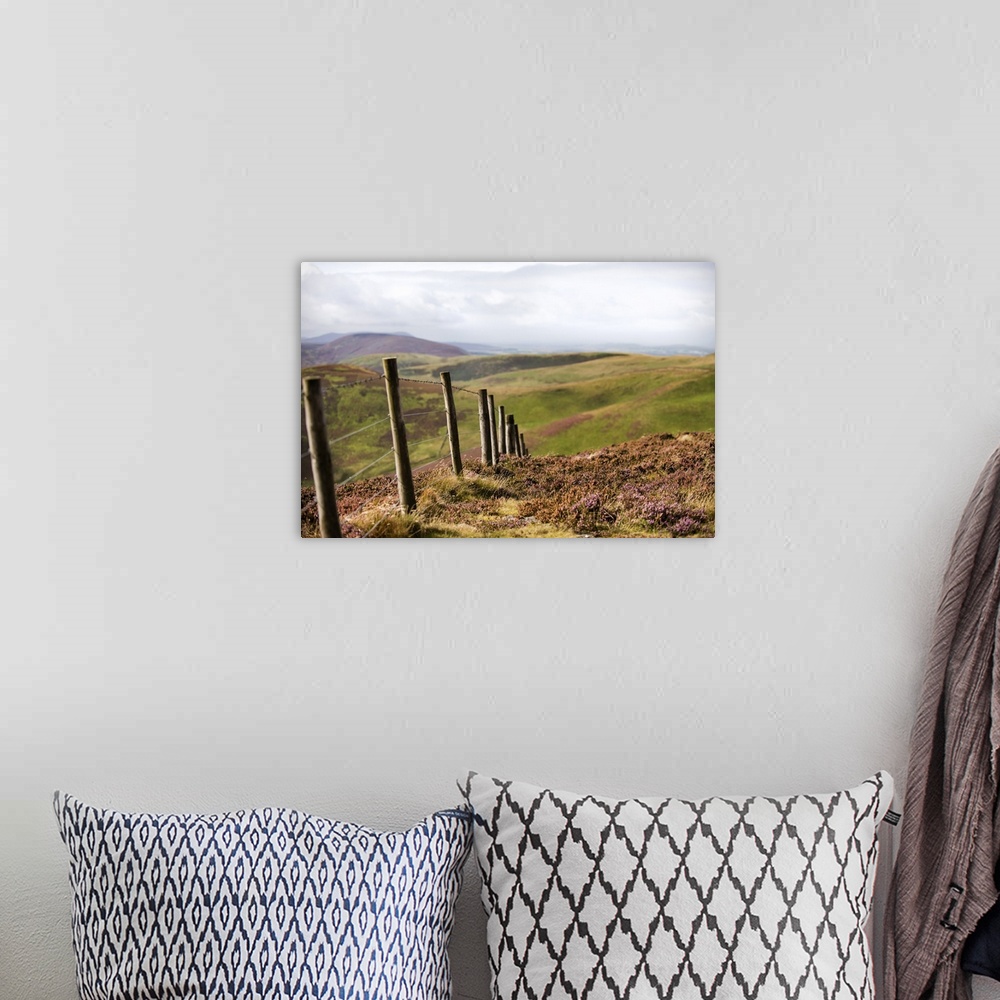 A bohemian room featuring Photograph of a fence running though rolling hills in an Edinburgh countryside, Scotland, UK