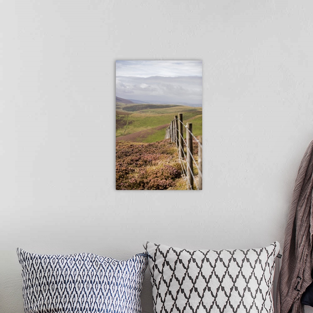 A bohemian room featuring Vertical photograph of a fence running though rolling hills in an Edinburgh countryside, Scotland...