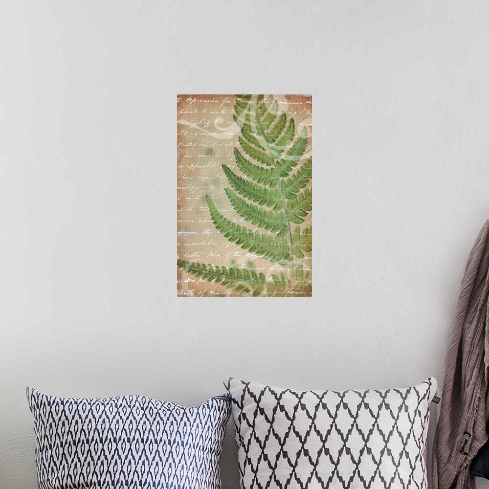 A bohemian room featuring Vintage style artwork of a fern frond  with white handwritten text.