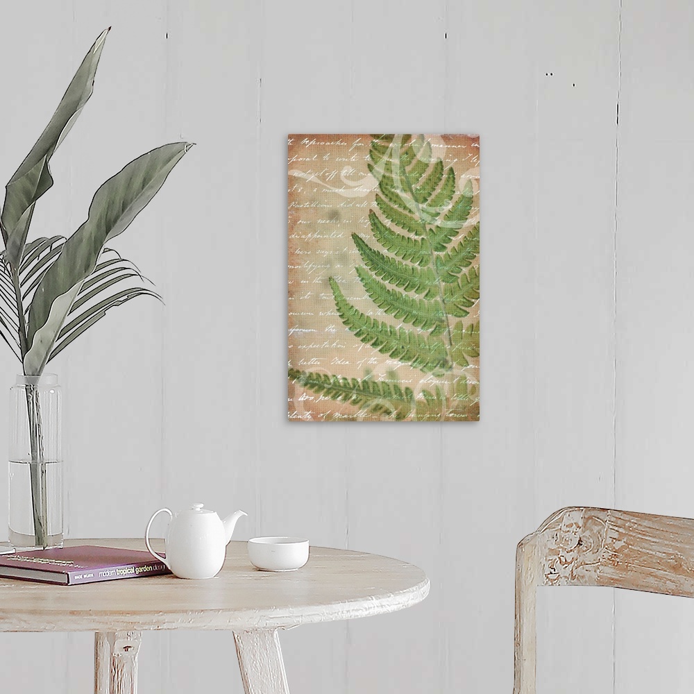 A farmhouse room featuring Vintage style artwork of a fern frond  with white handwritten text.
