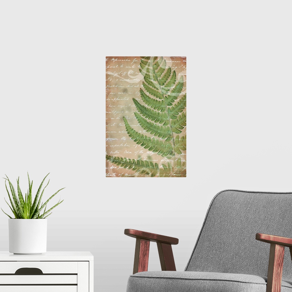 A modern room featuring Vintage style artwork of a fern frond  with white handwritten text.