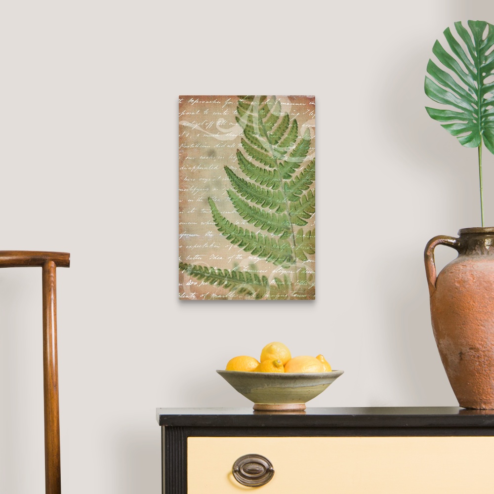 A traditional room featuring Vintage style artwork of a fern frond  with white handwritten text.