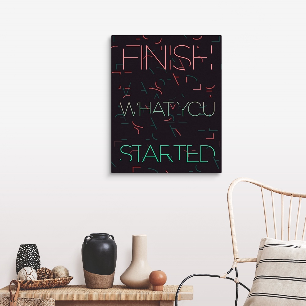 A farmhouse room featuring Typography poster with partially obscured text over a dark background with an abstract design.