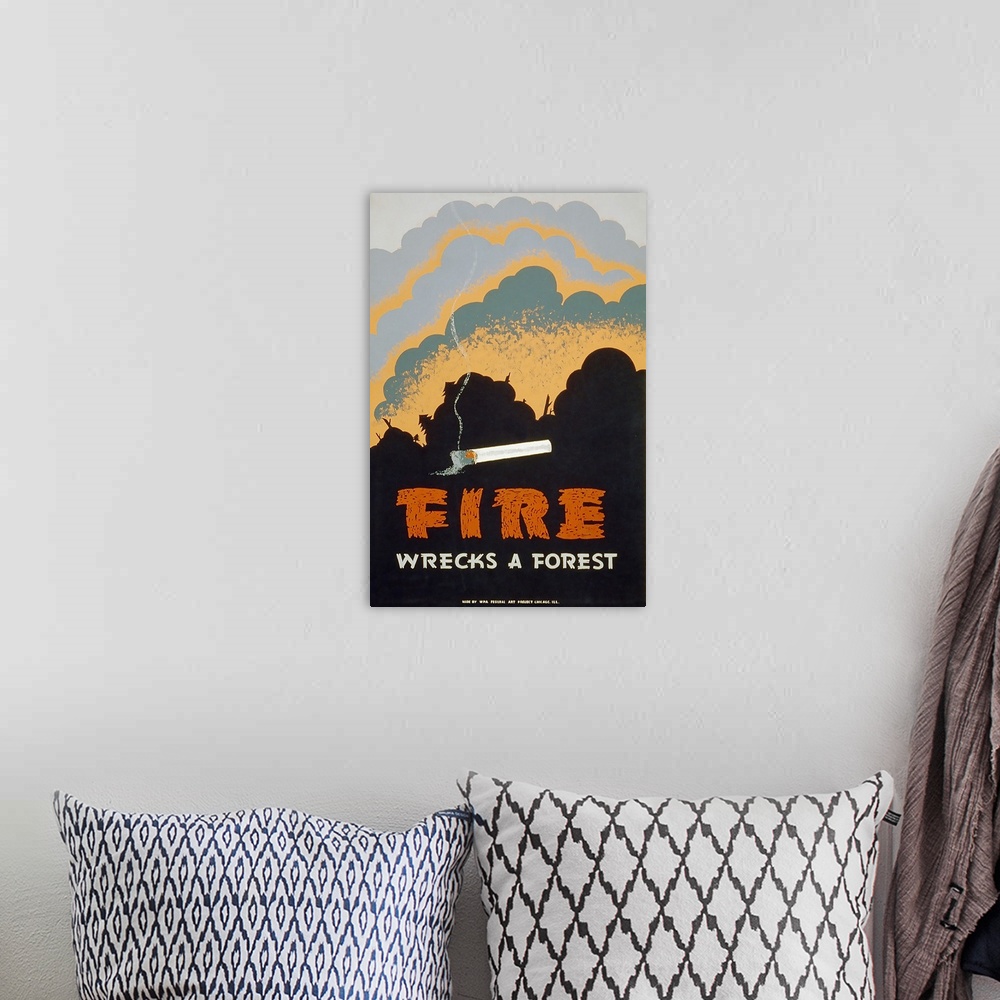 A bohemian room featuring Fire Wrecks A Forest. Poster for forest fire prevention showing a burning cigarette and a forest ...