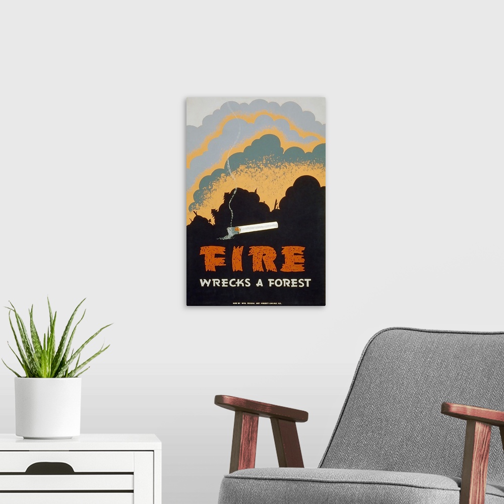 A modern room featuring Fire Wrecks A Forest. Poster for forest fire prevention showing a burning cigarette and a forest ...