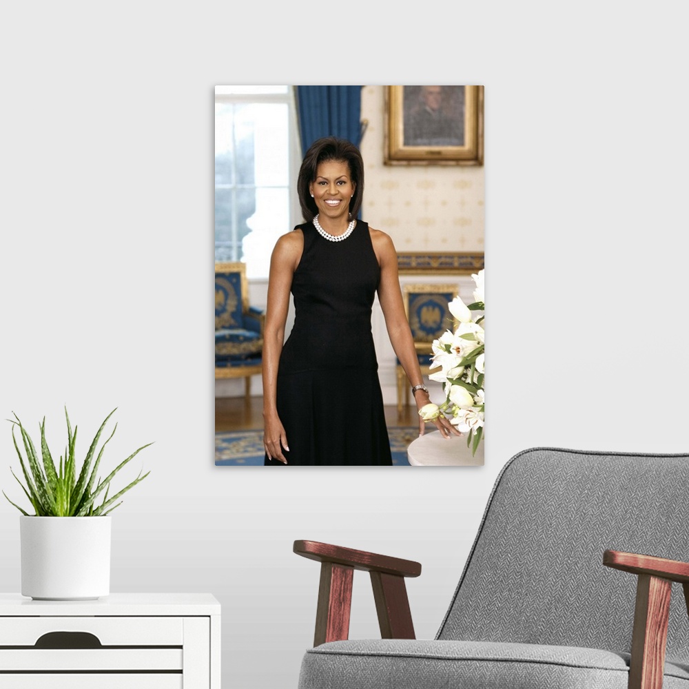 A modern room featuring First Lady Michelle Obama, official portrait. Library of Congress, Prints and Photographs Division.