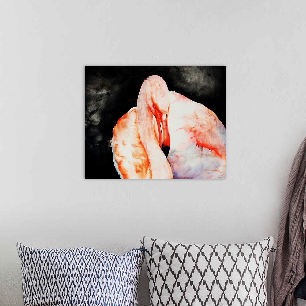 A bohemian room featuring Portrait of a flamingo in front of a black background.