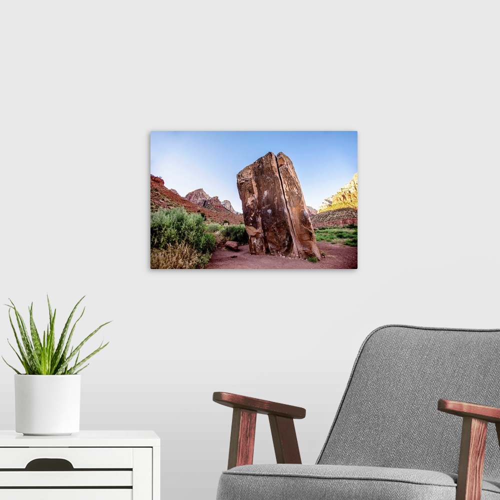 A modern room featuring View of a flat rock formation standing at Zion National Park in Utah.