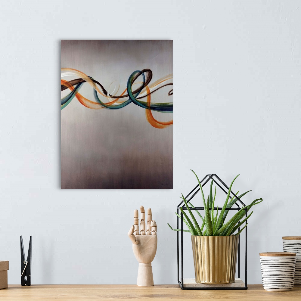 A bohemian room featuring Giant abstract art displays a set of five horizontal lines blowing through the wind. Artist uses ...