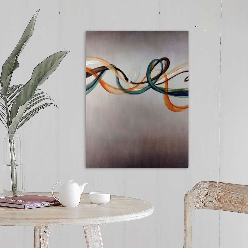 A farmhouse room featuring Giant abstract art displays a set of five horizontal lines blowing through the wind. Artist uses ...