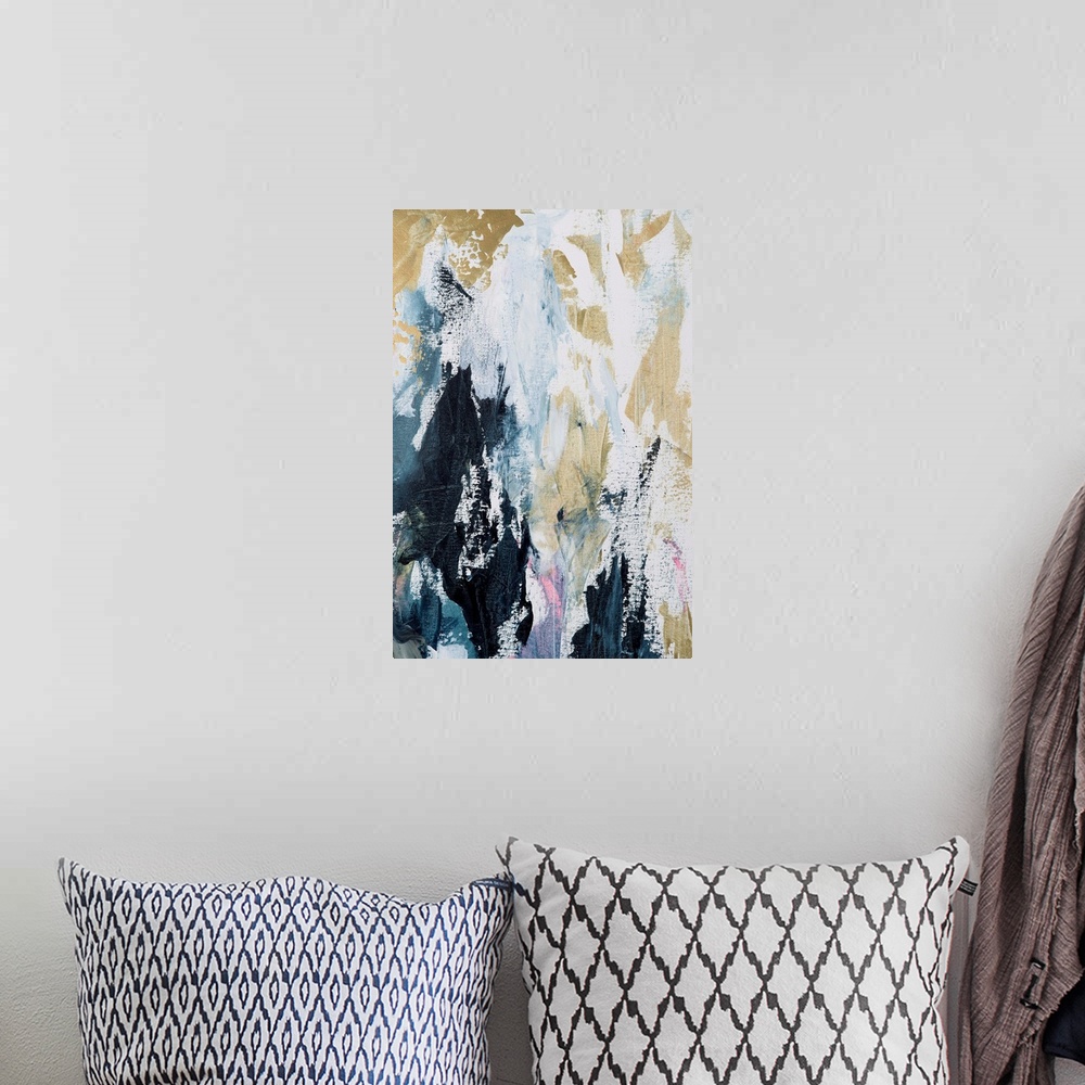 A bohemian room featuring Complementary abstract painting in textured vertical strokes of blue, pink and gold.