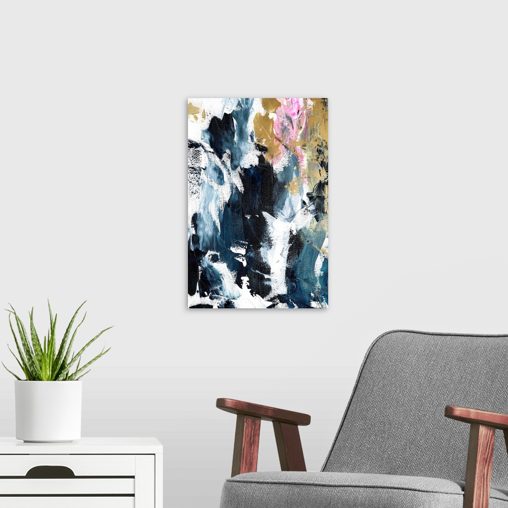 A modern room featuring Complementary abstract painting in textured vertical strokes of blue, pink and gold.