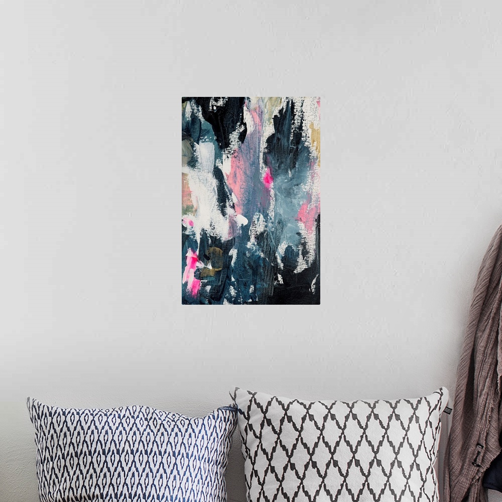 A bohemian room featuring Complementary abstract painting in textured vertical strokes of blue, pink and gold.