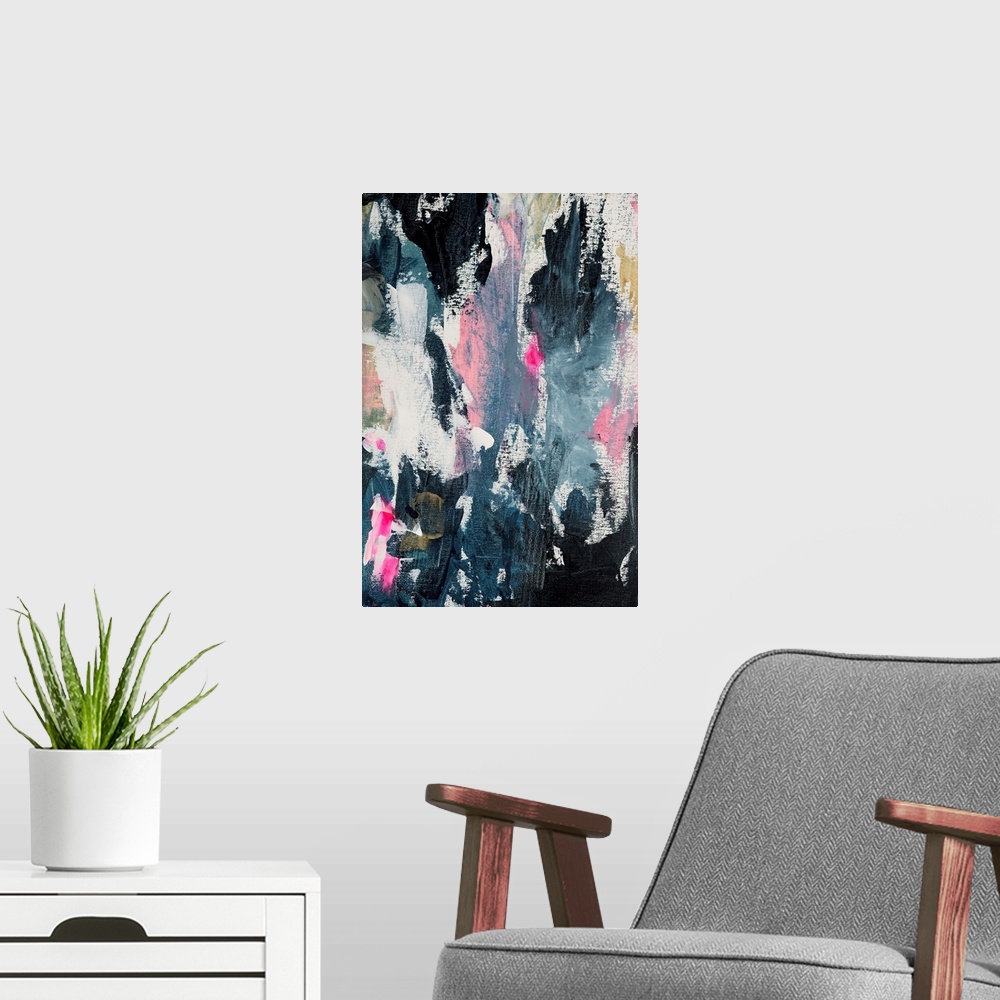 A modern room featuring Complementary abstract painting in textured vertical strokes of blue, pink and gold.