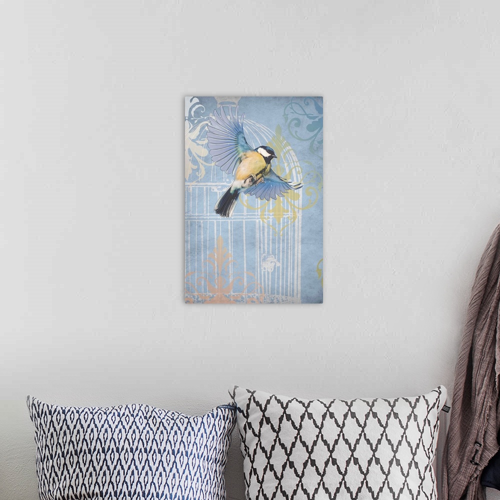 A bohemian room featuring A Blue Tit in flight over a pastel image of a cage and vintage flourishes.