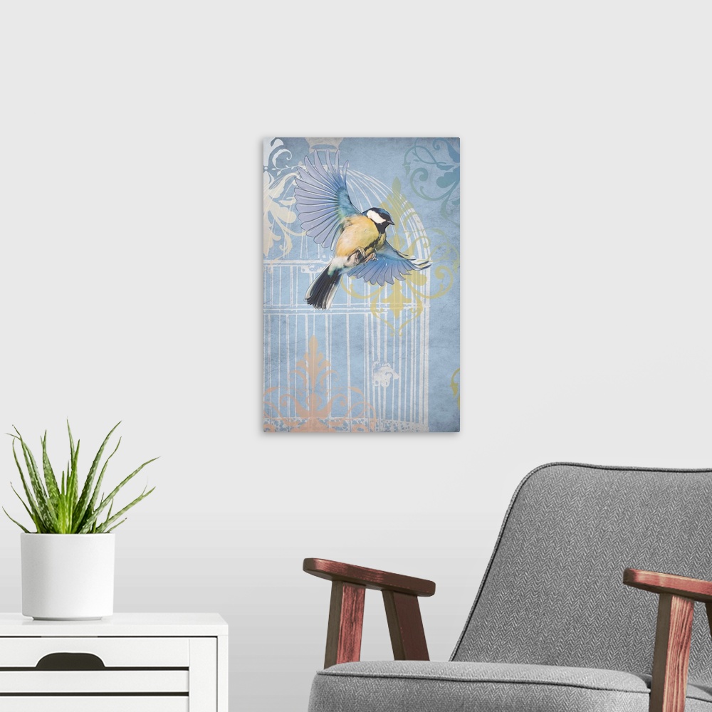 A modern room featuring A Blue Tit in flight over a pastel image of a cage and vintage flourishes.