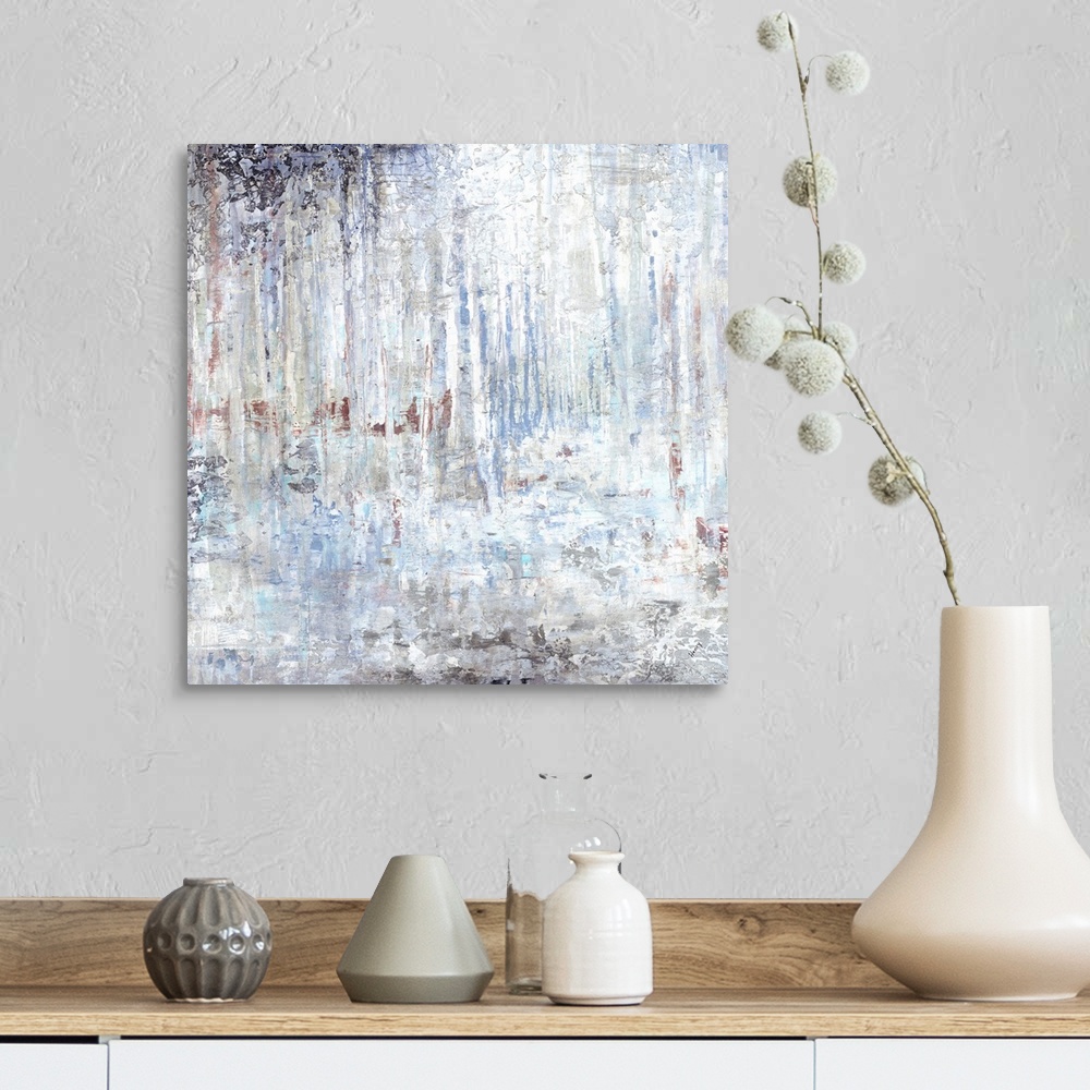 A farmhouse room featuring Contemporary abstract painting using muted tones of gray.