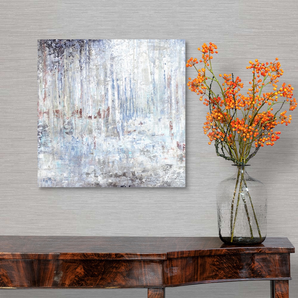 A traditional room featuring Contemporary abstract painting using muted tones of gray.