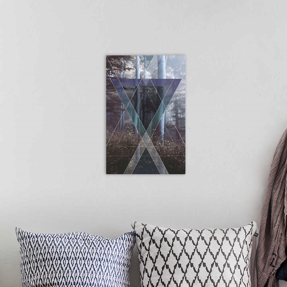 A bohemian room featuring Contemporary artwork of a formation of prisms against a background of a forest.