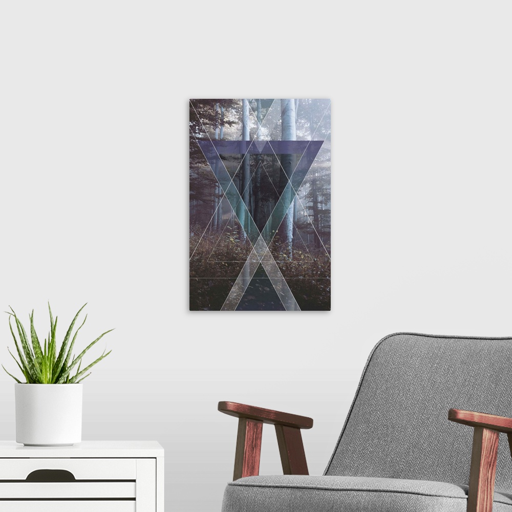 A modern room featuring Contemporary artwork of a formation of prisms against a background of a forest.