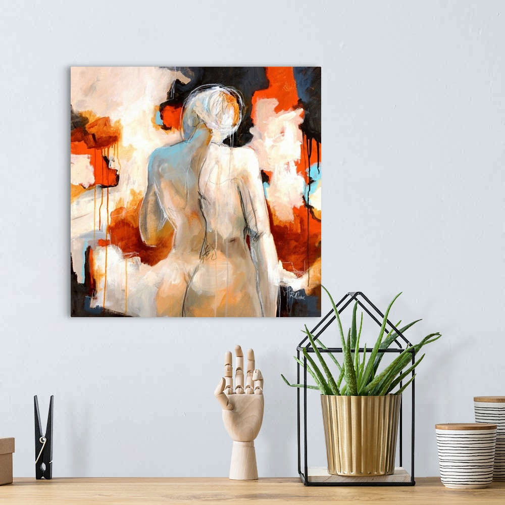 A bohemian room featuring Giant contemporary art shows a profile from behind of a nude woman standing in front of backgroun...