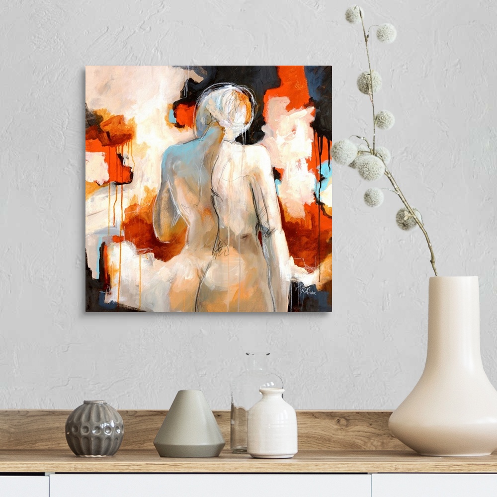 A farmhouse room featuring Giant contemporary art shows a profile from behind of a nude woman standing in front of backgroun...