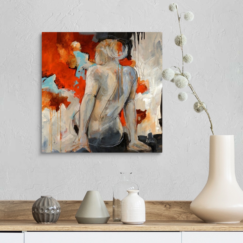 A farmhouse room featuring Figurative art work of a female nude from behind and abstract background. This square wall art wo...