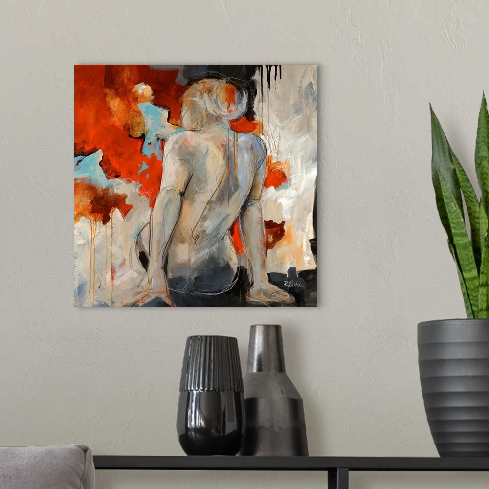 A modern room featuring Figurative art work of a female nude from behind and abstract background. This square wall art wo...