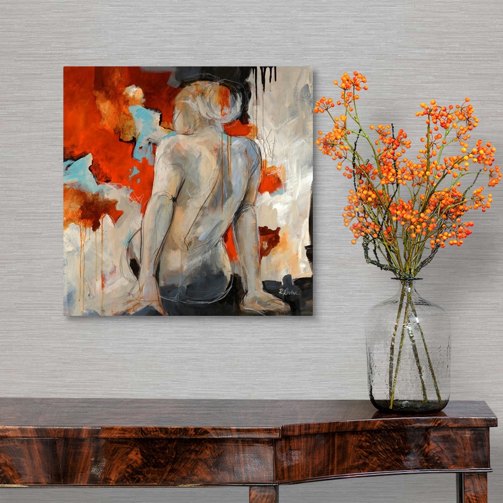 A traditional room featuring Figurative art work of a female nude from behind and abstract background. This square wall art wo...