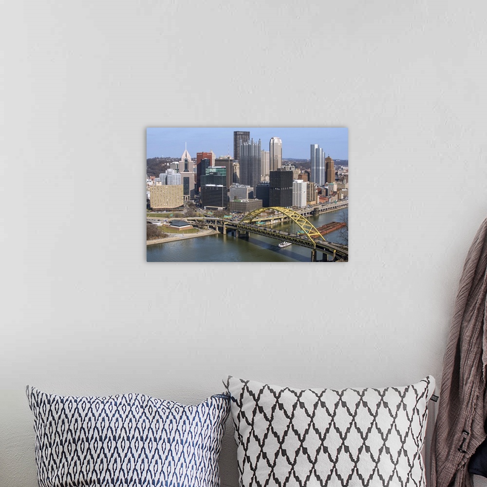 A bohemian room featuring Aerial view of Pittsburgh, Pennsylvania, with the Fort Pitt Bridge leading into the city.