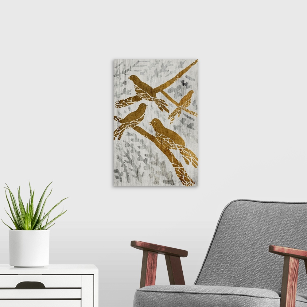 A modern room featuring Gold leaf on weathered wood with a fern pattern of four birds on branches.