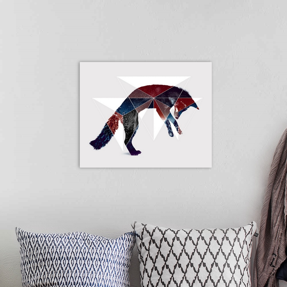 A bohemian room featuring Double exposure artwork of a jumping fox and triangular shapes.