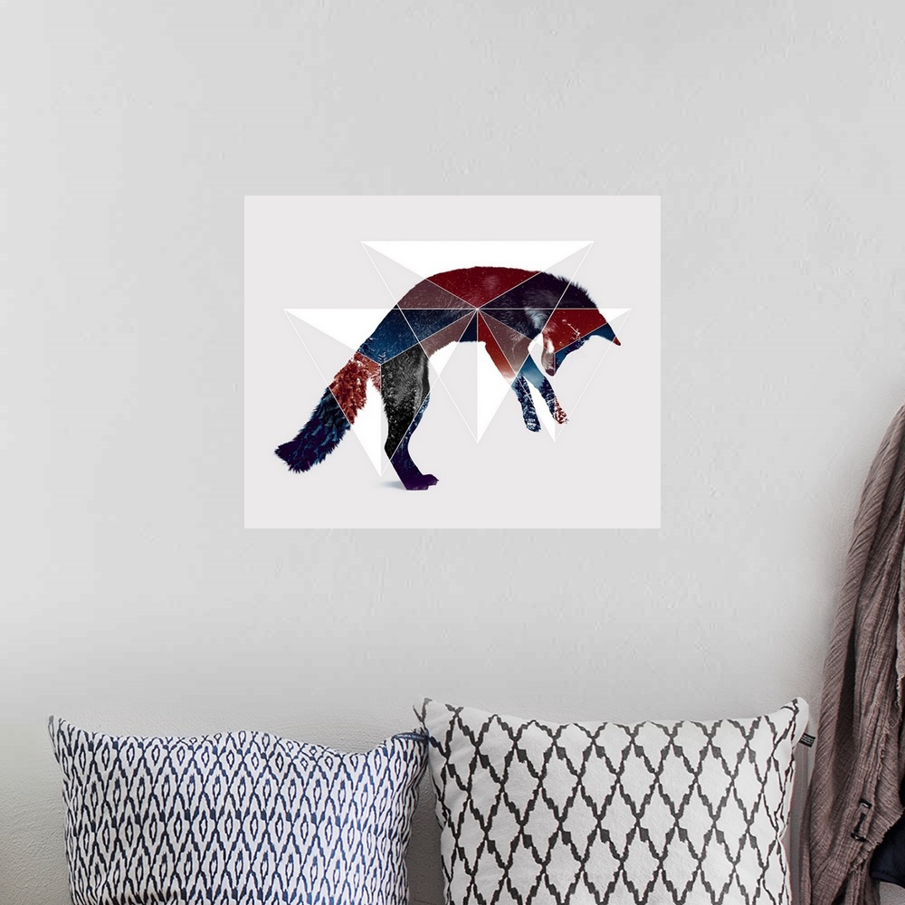 A bohemian room featuring Double exposure artwork of a jumping fox and triangular shapes.