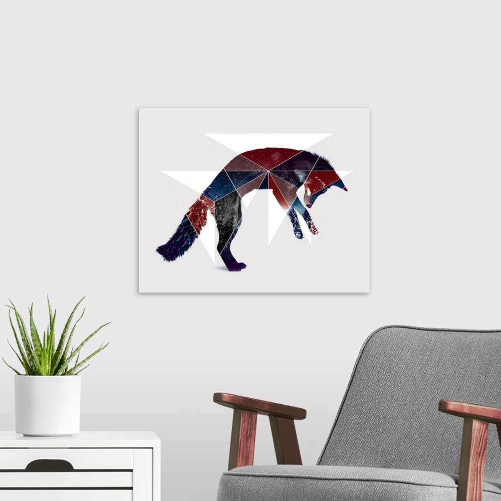 A modern room featuring Double exposure artwork of a jumping fox and triangular shapes.