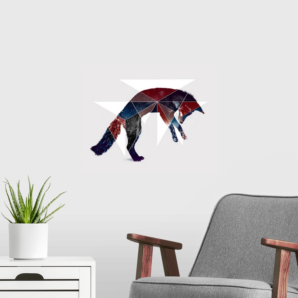 A modern room featuring Double exposure artwork of a jumping fox and triangular shapes.