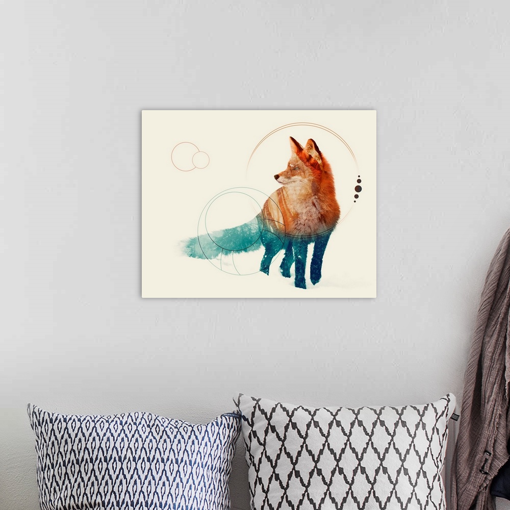 A bohemian room featuring Double exposure artwork of a fox and a forest with circular shapes.