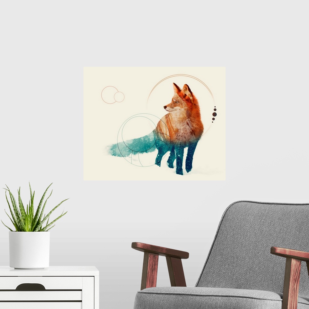 A modern room featuring Double exposure artwork of a fox and a forest with circular shapes.