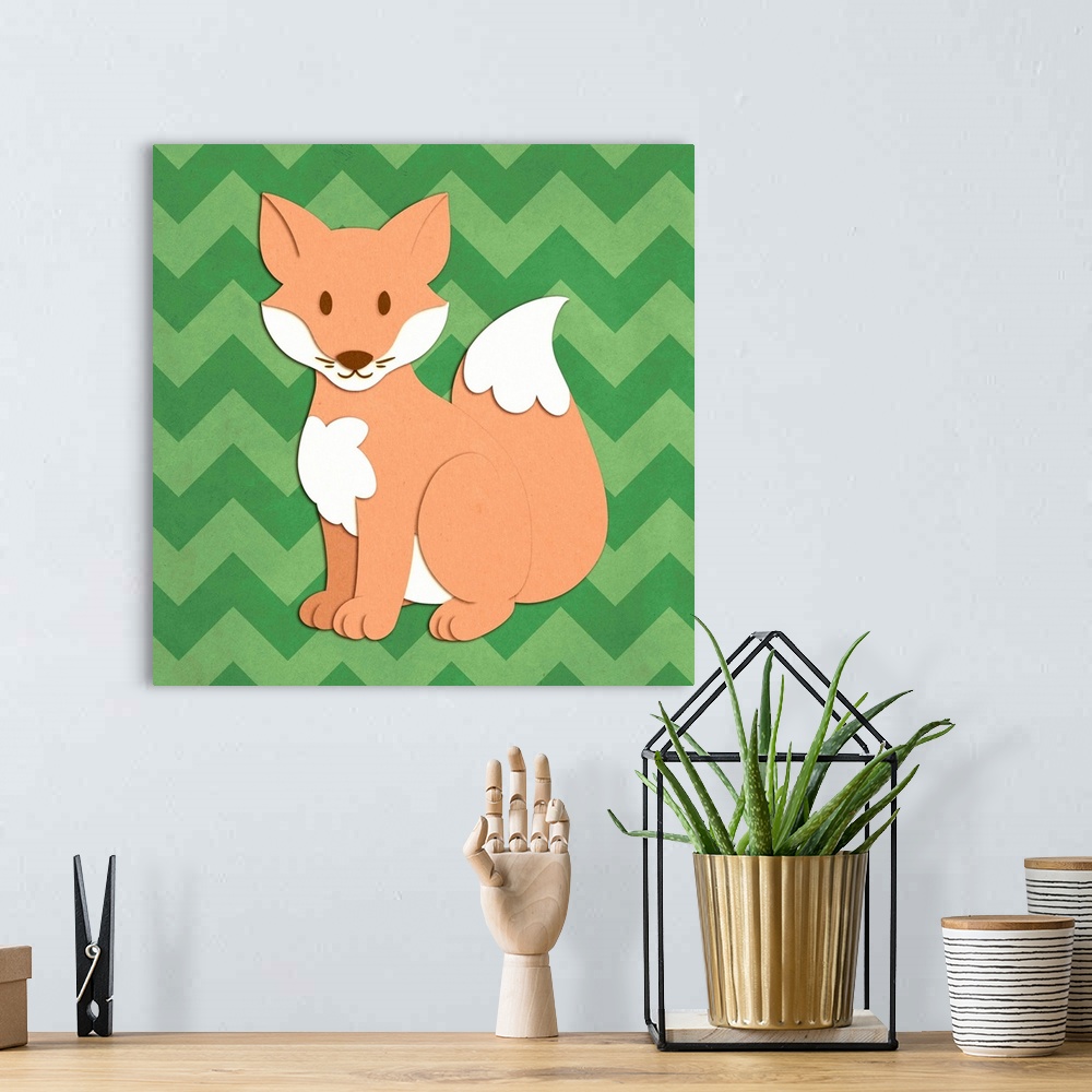 A bohemian room featuring A cute fox with the appearance of cutout paper on a green chevron-patterned background.