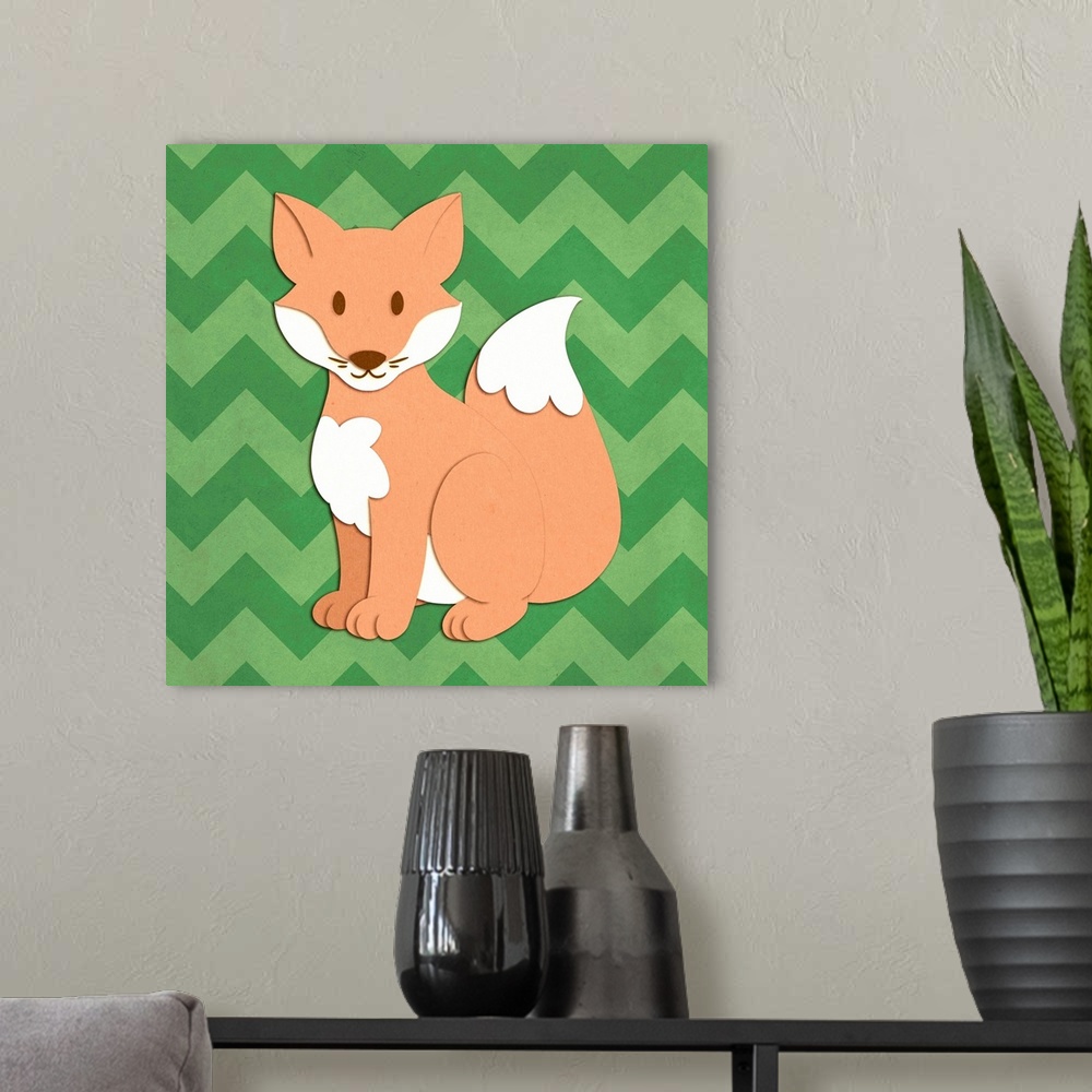 A modern room featuring A cute fox with the appearance of cutout paper on a green chevron-patterned background.