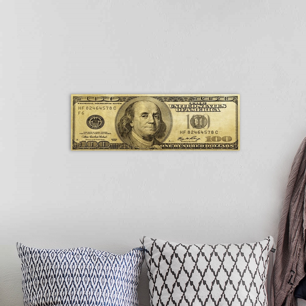 A bohemian room featuring The one hundred dollar bill in gold.