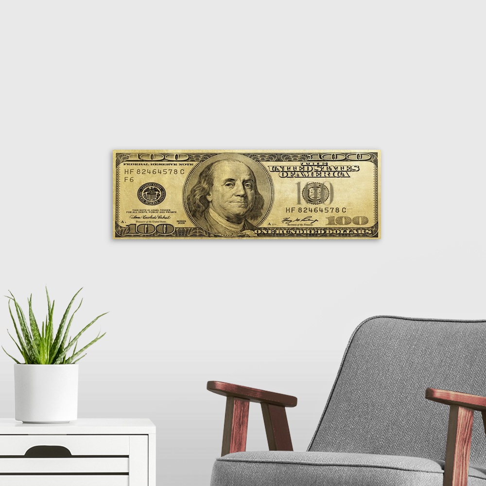 A modern room featuring The one hundred dollar bill in gold.