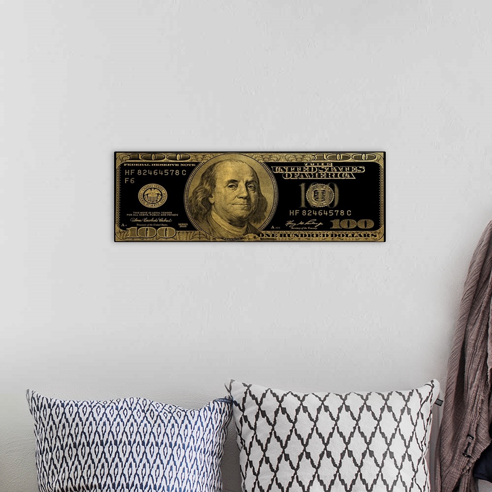 A bohemian room featuring The one hundred dollar bill in black and gold.