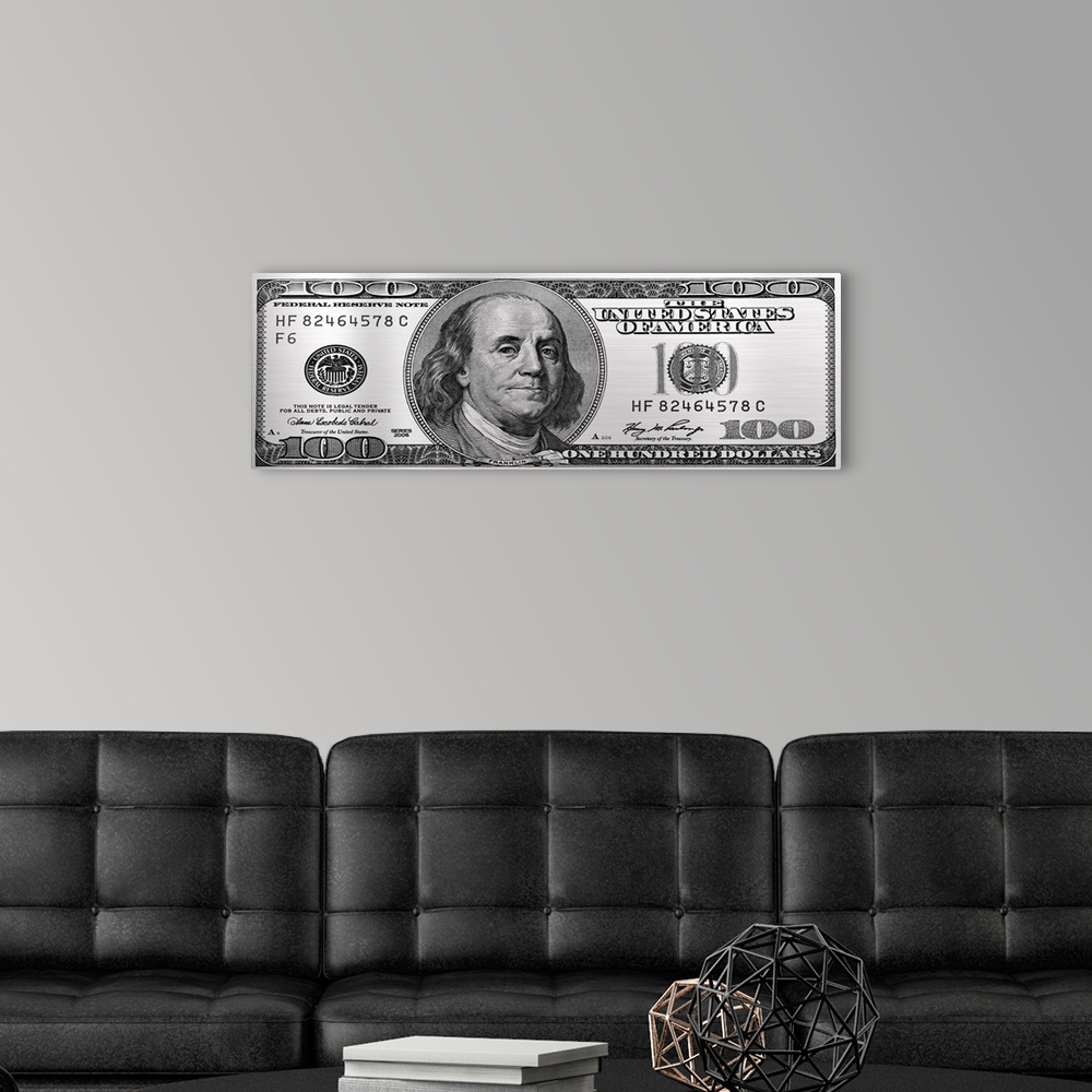A modern room featuring The one hundred dollar bill in platinum.