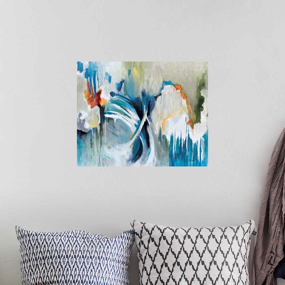 A bohemian room featuring Contemporary abstract artwork in bright colors with flowing, moving shapes.