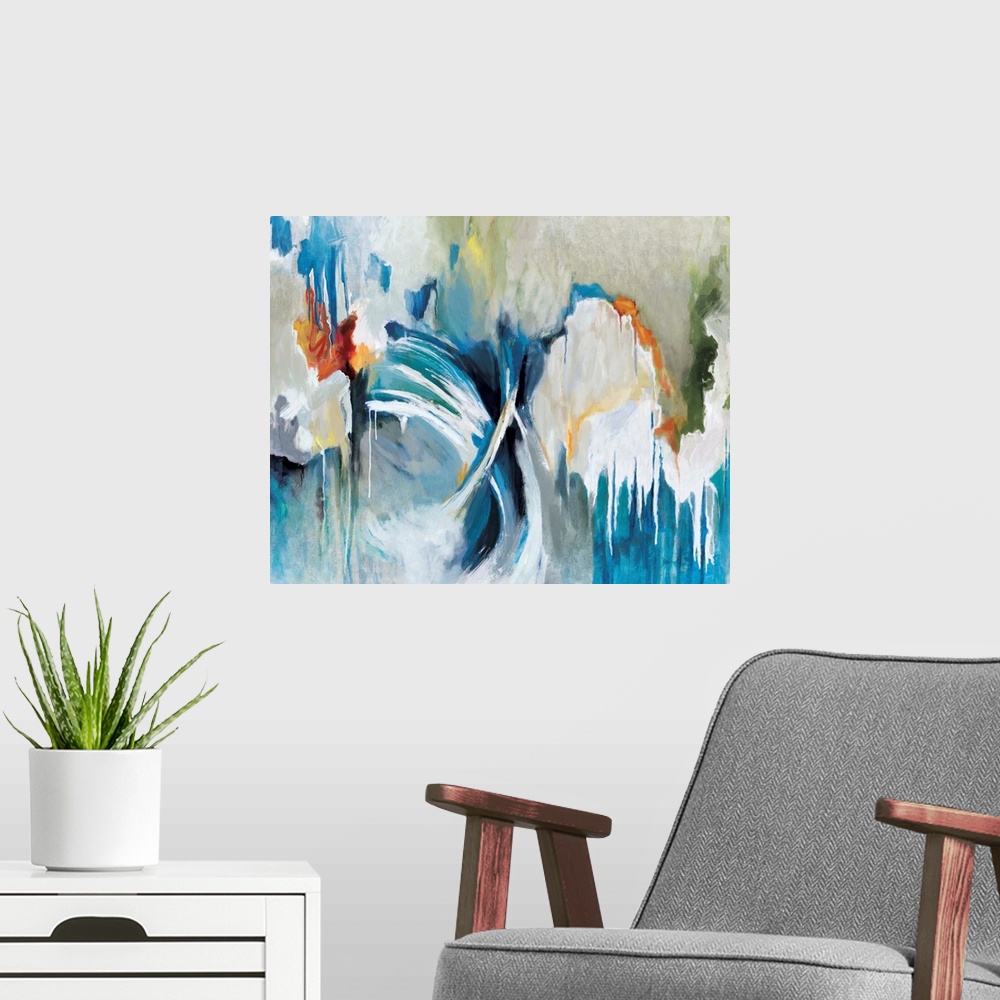 A modern room featuring Contemporary abstract artwork in bright colors with flowing, moving shapes.