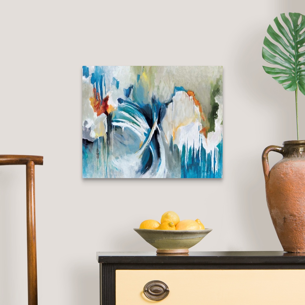 A traditional room featuring Contemporary abstract artwork in bright colors with flowing, moving shapes.
