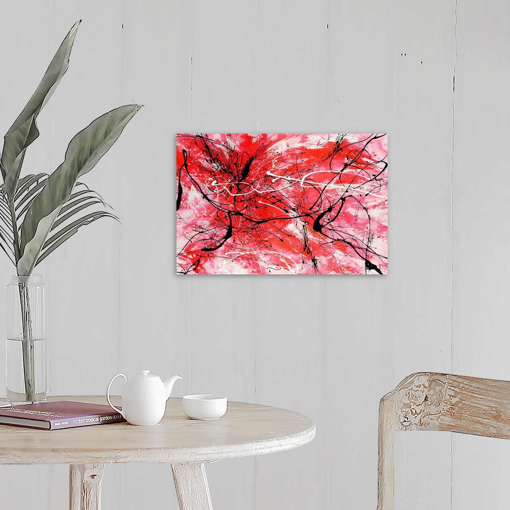 A farmhouse room featuring Energetic contemporary painting of energetic red brushstrokes and sporadic black and white lines ...