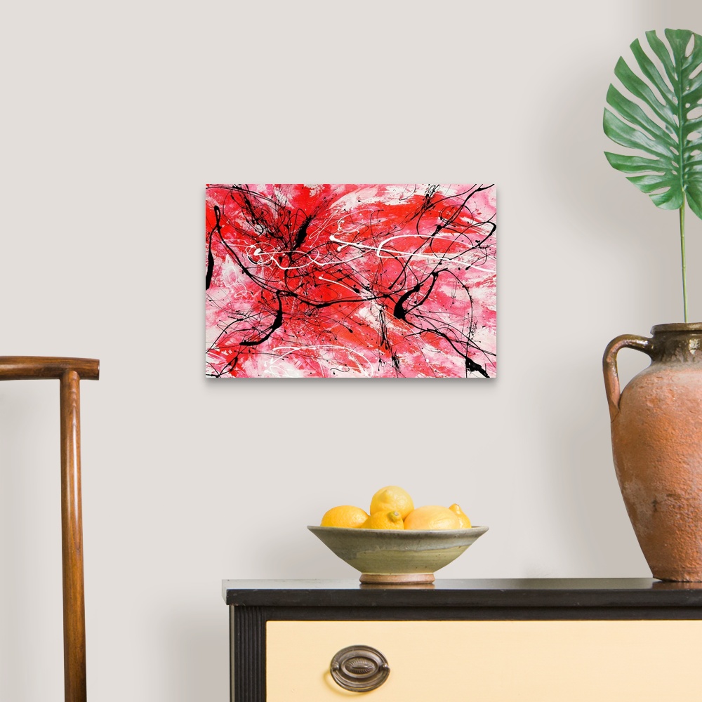 A traditional room featuring Energetic contemporary painting of energetic red brushstrokes and sporadic black and white lines ...